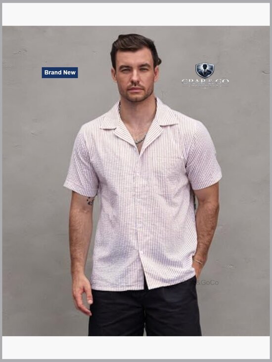 Men's Striped Cotton Button Down Short Sleeve Shirt Casual Summer Beach - Picture 7 of 7